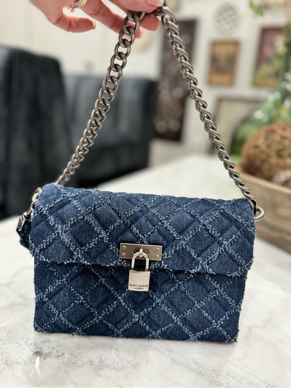 Kurt Geiger Dark Blue Quilted Denim Chain Shoulder Bag